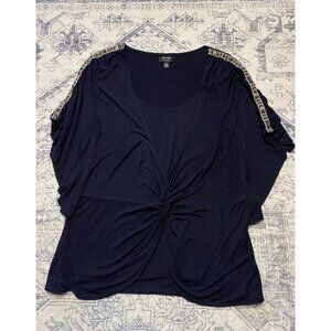 Nicole By Nicole Miller Womens Large Black Beaded Shoulder Tunic Top Stretch